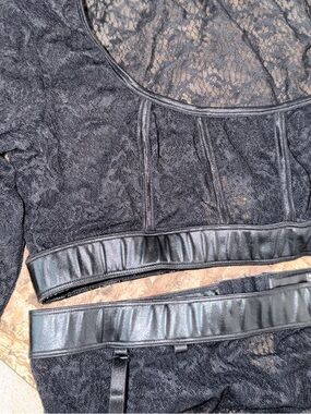 Black Lace Two-Piece Lace Set with Faux Leather Trim